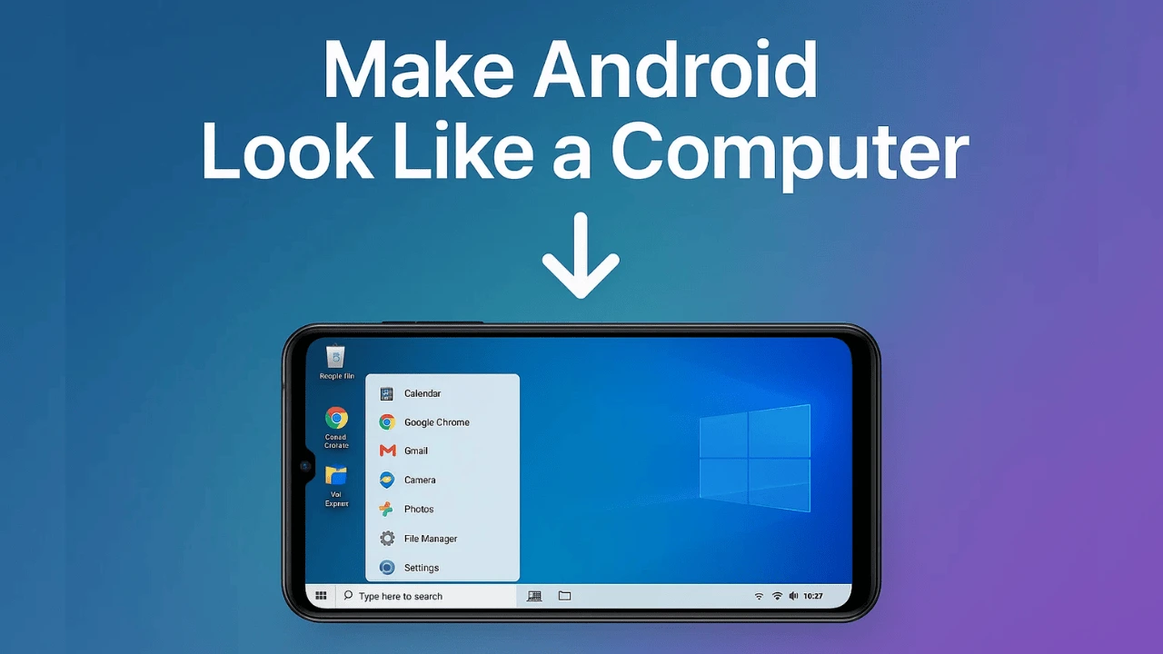 Computer look launcher preview on an Android smartphone