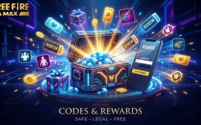 Free Fire redeem codes displayed with free skins, bundles, emotes, and in-game rewards.
