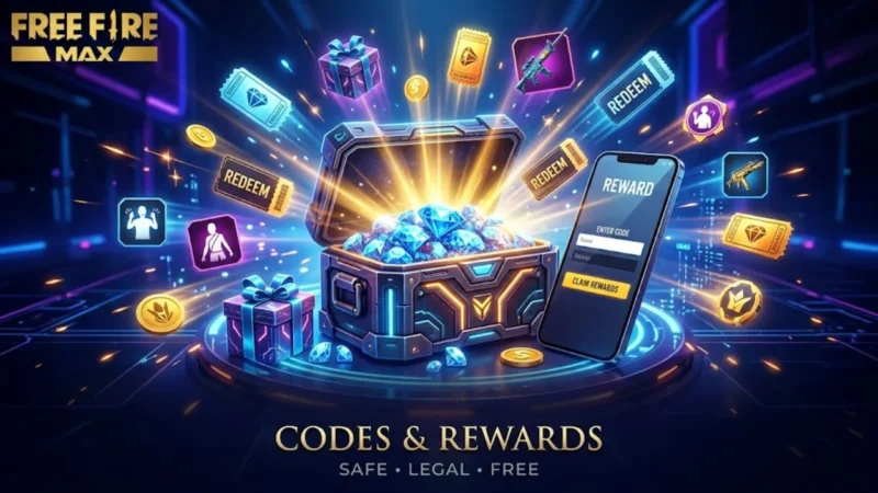 Free Fire redeem codes displayed with free skins, bundles, emotes, and in-game rewards.