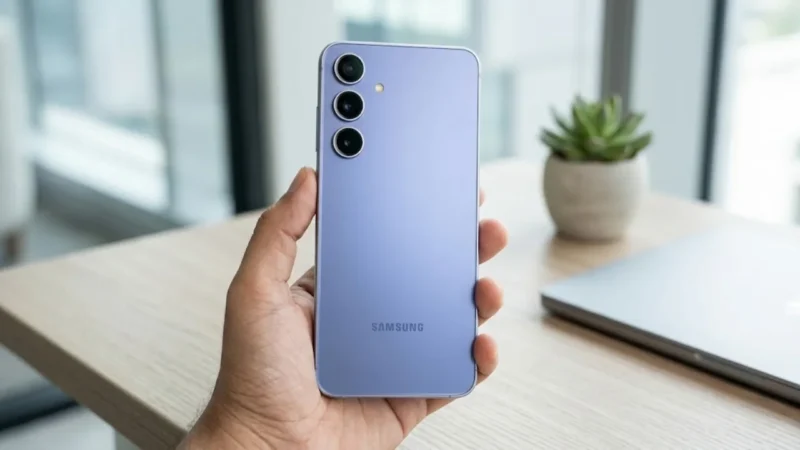 Samsung Galaxy S26 FE smartphone with 45W fast charging concept.