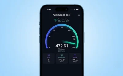 Laptop and smartphone displaying Wi-Fi speed test results with download speed, upload speed, and ping.
