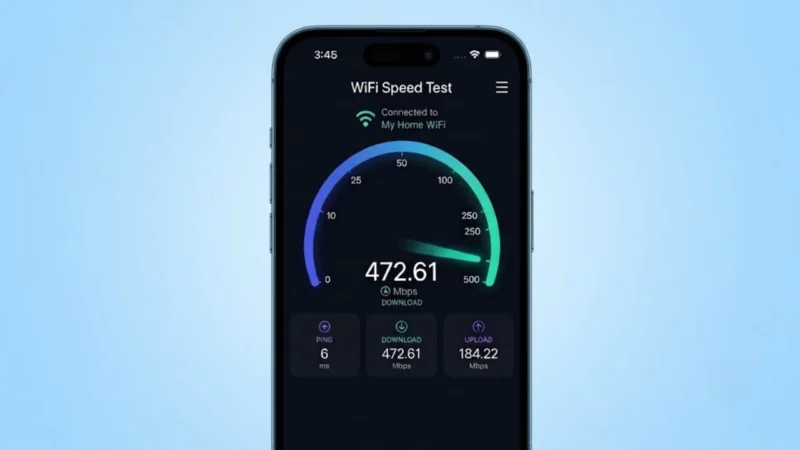 Laptop and smartphone displaying Wi-Fi speed test results with download speed, upload speed, and ping.