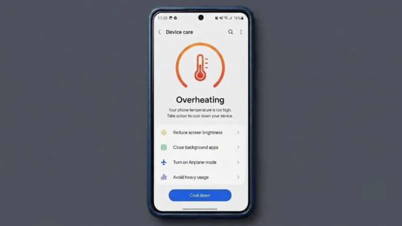Smartphone overheating warning with tips to cool down a phone and prevent battery damage