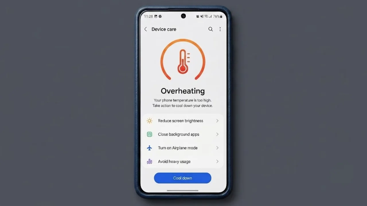 Smartphone overheating warning with tips to cool down a phone and prevent battery damage